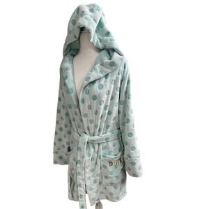 PINK Plush Hooded Robe Mint Green Polka Dot | Cozy Lounge Sleepwear | XS/S